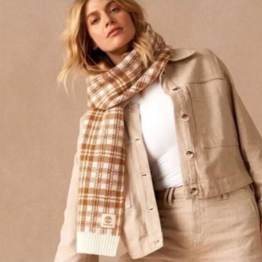 NWT Timberland Unisex Buffalo Plaid Scarf Wheat & Ivory Outdoors Warm